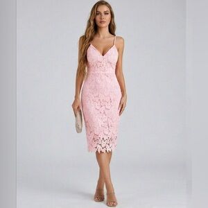 Romantic V-Neck Lace Sheath Dress Pink